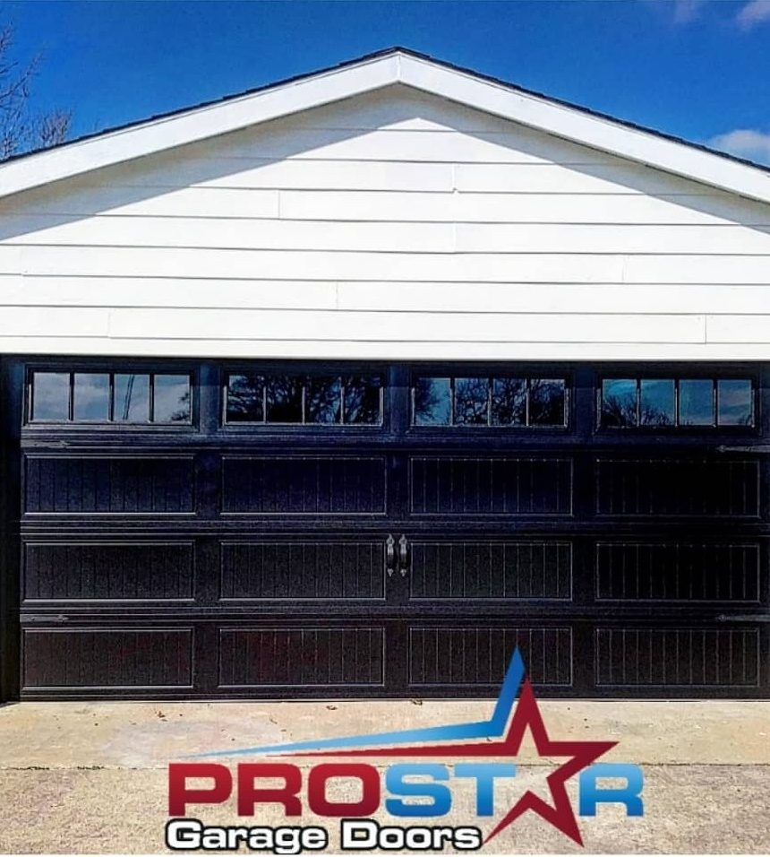 New black double garage door with windows after replacement by ProStar