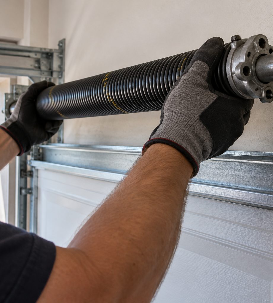Technician installing a new torsion spring above a garage door