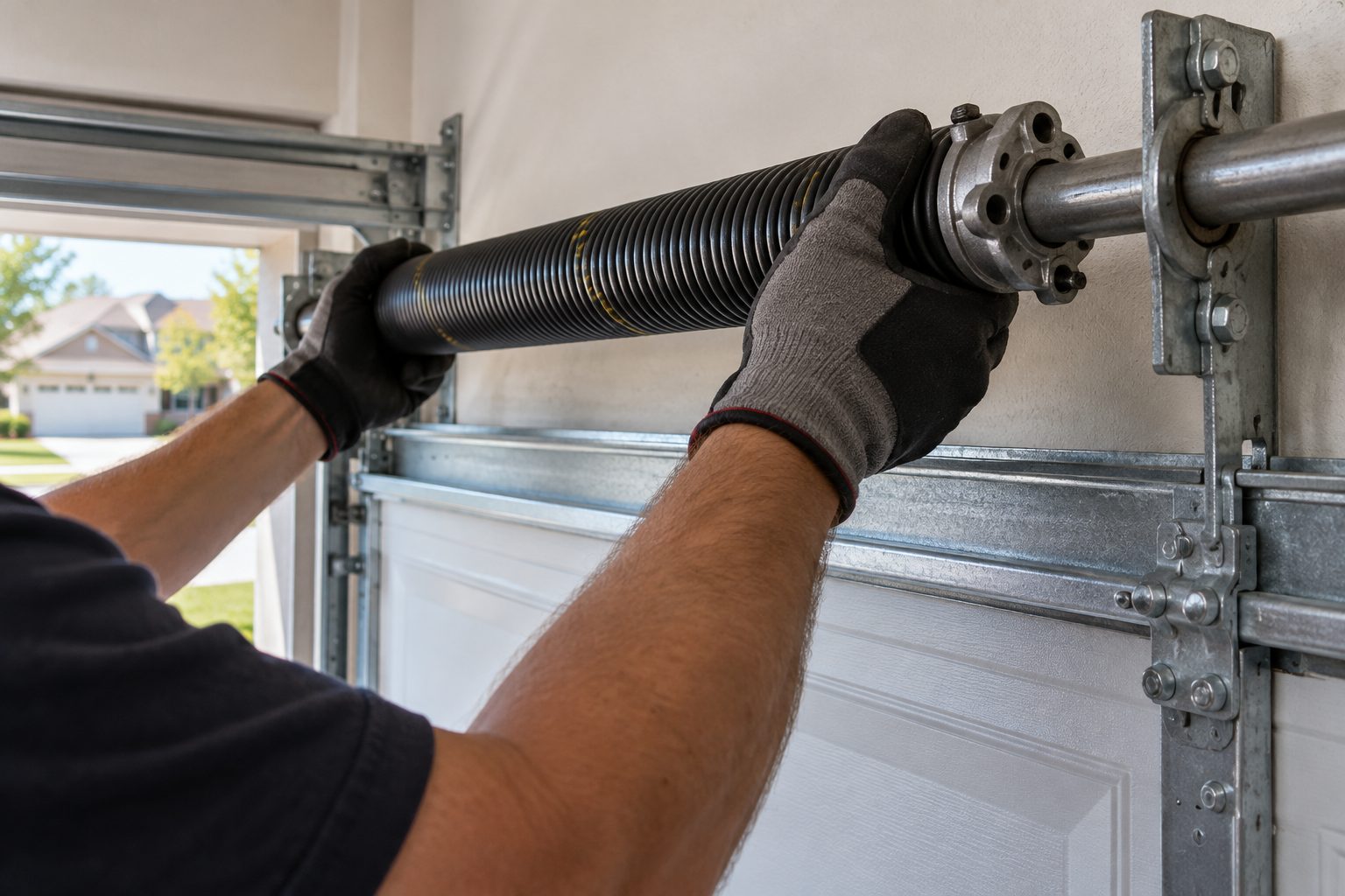 Technician installing a new torsion spring above a garage door