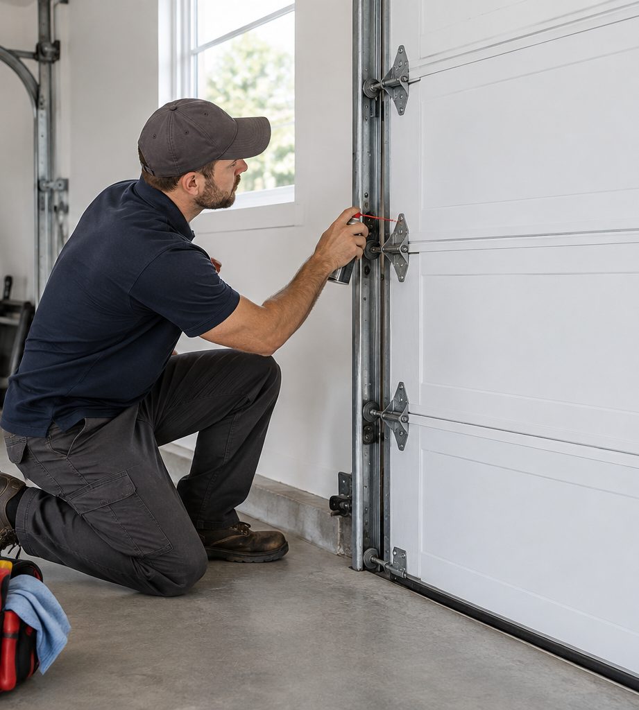 Technician lubricating garage door rollers and hinges during a tune-up