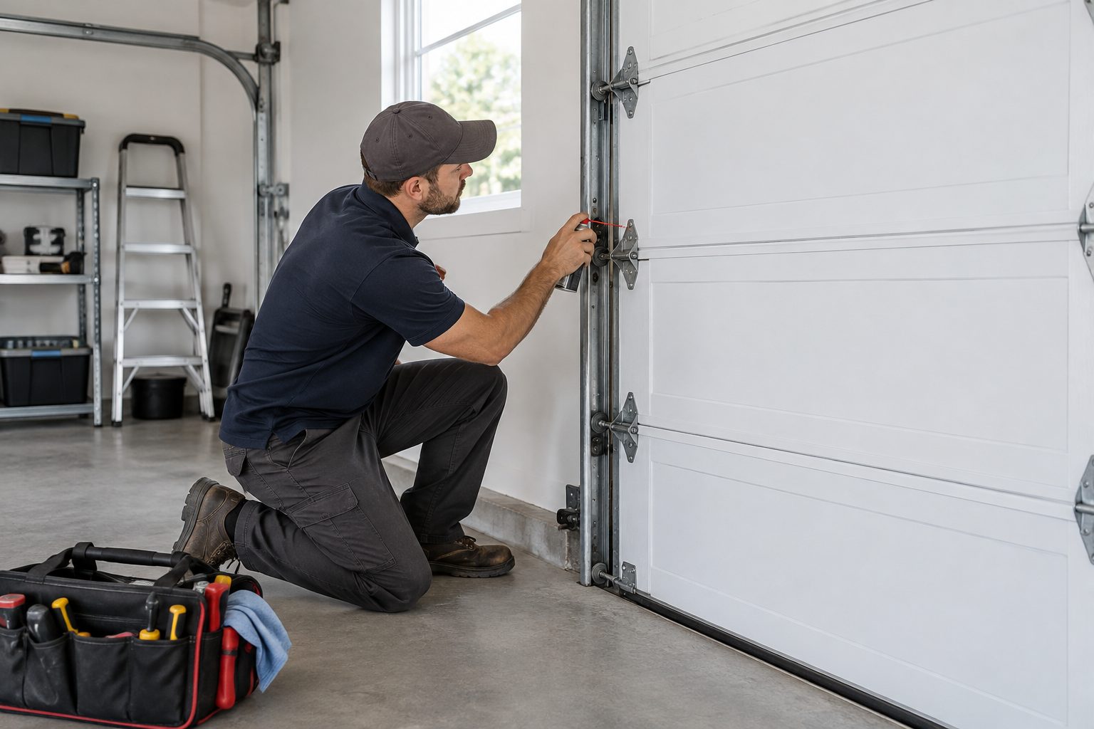 Technician lubricating garage door rollers and hinges during a tune-up
